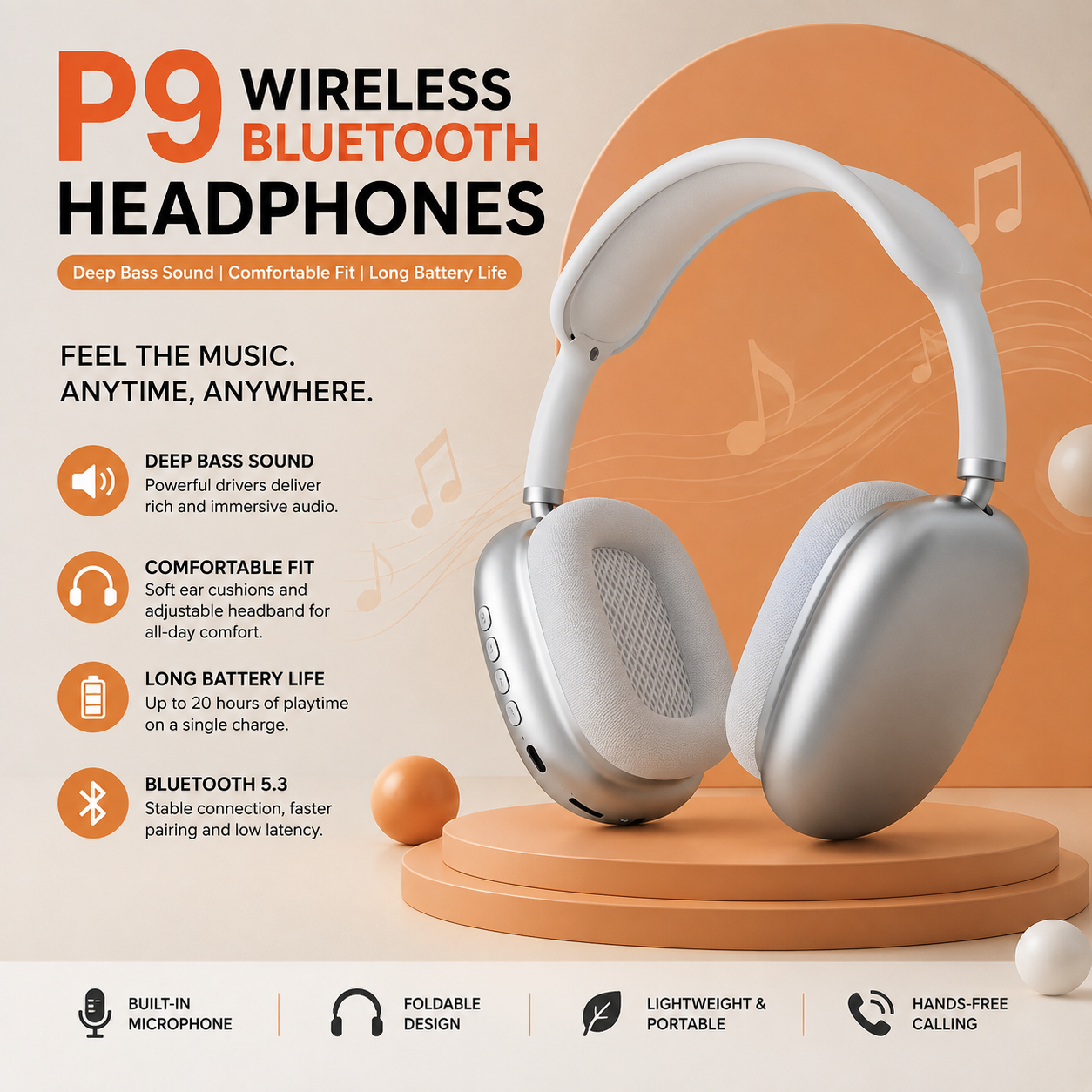 P9 Wireless Bluetooth Headphones | Deep Bass Sound | Comfortable Fit & Long Battery Life
