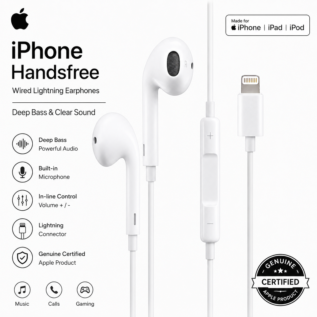 Genuine Certified Apple iPhone Handsfree | Wired Lightning Earphones | Deep Bass & Clear Sound | White