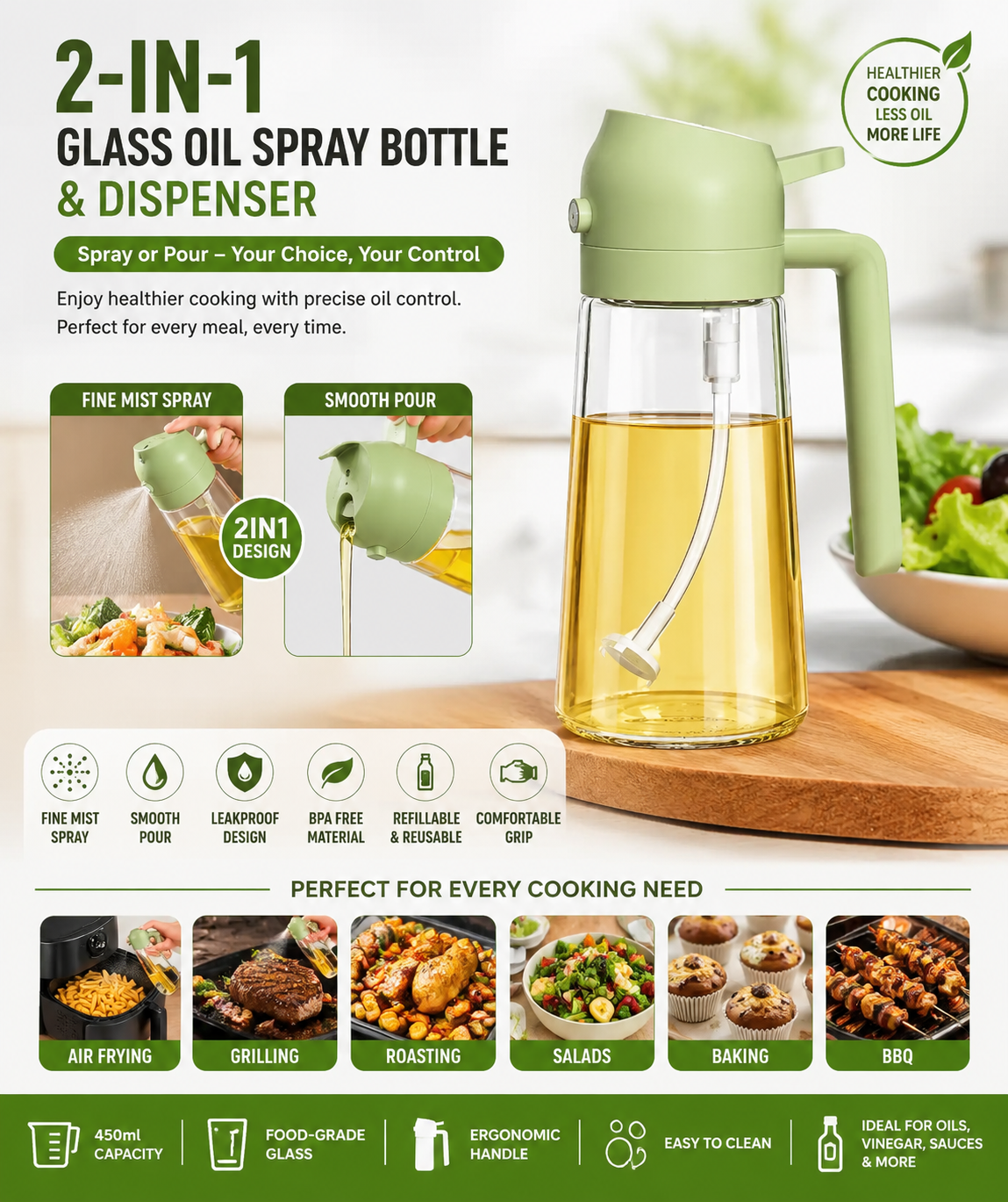 2-in-1 Glass Oil Spray Bottle & Dispenser with Pouring Spout | Kitchen Oil Mister for Air Fryer, BBQ & Cooking| 450ml